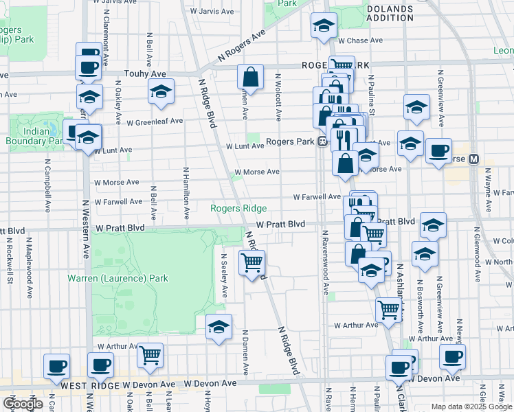 map of restaurants, bars, coffee shops, grocery stores, and more near 1937 West Farwell Avenue in Chicago