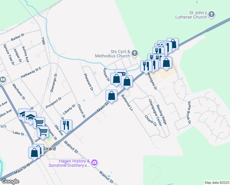 map of restaurants, bars, coffee shops, grocery stores, and more near 710 Main Street East in Girard
