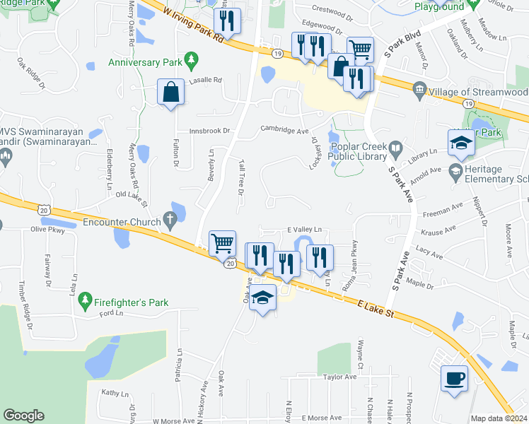 map of restaurants, bars, coffee shops, grocery stores, and more near 322 Locksley Drive in Streamwood