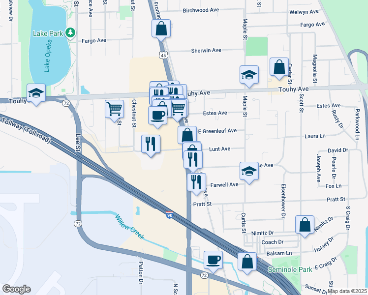 map of restaurants, bars, coffee shops, grocery stores, and more near 7000 Mannheim Road in Rosemont