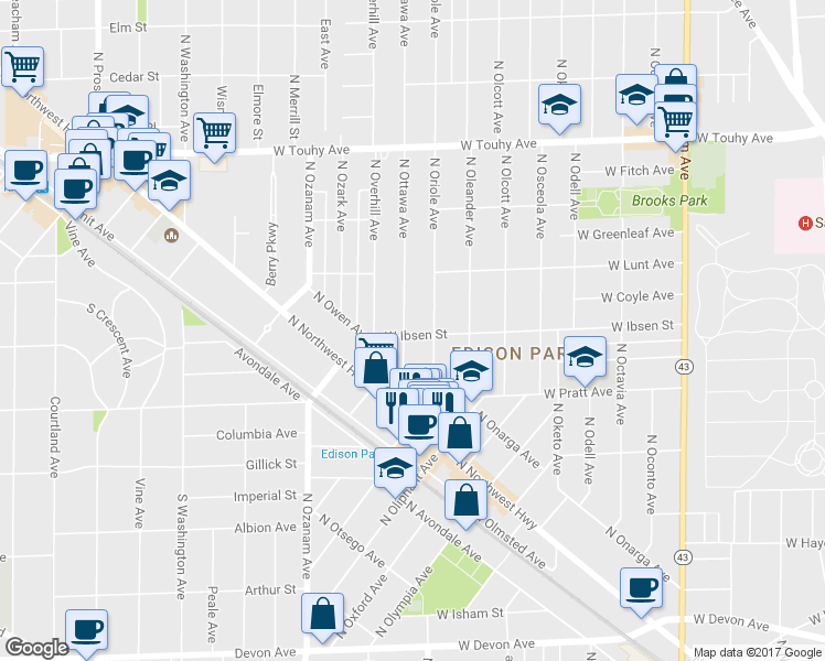 map of restaurants, bars, coffee shops, grocery stores, and more near 7620 West Ibsen Street in Chicago