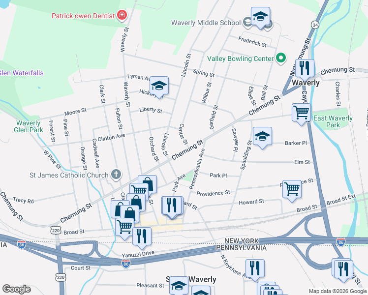 map of restaurants, bars, coffee shops, grocery stores, and more near 321 Chemung Street in Waverly