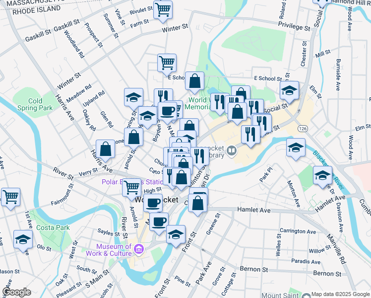 map of restaurants, bars, coffee shops, grocery stores, and more near 17 North Main Street in Woonsocket