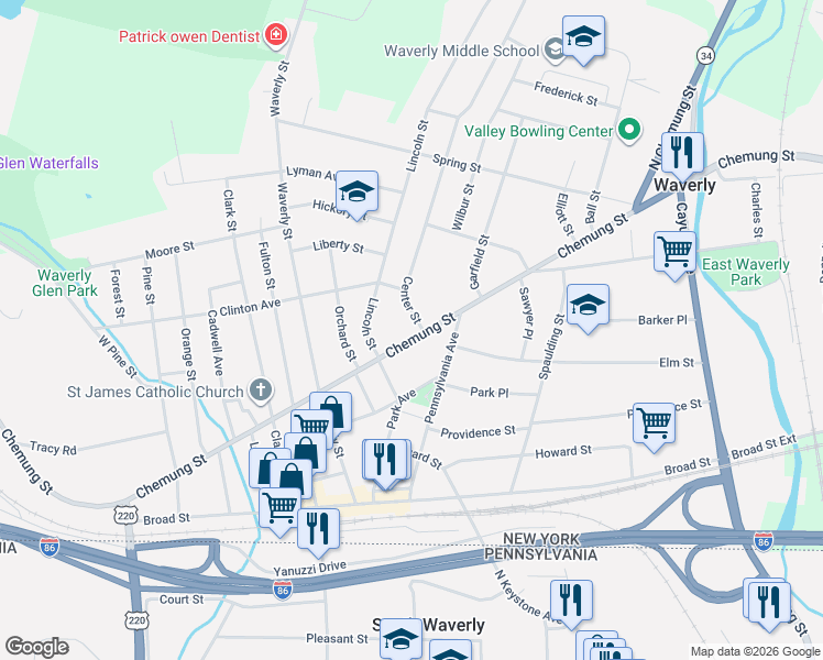 map of restaurants, bars, coffee shops, grocery stores, and more near 321 Chemung Street in Waverly