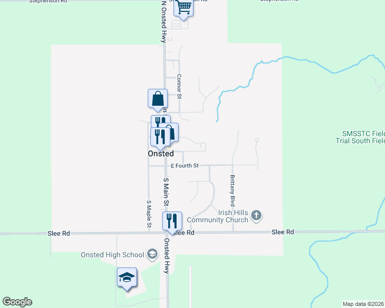 map of restaurants, bars, coffee shops, grocery stores, and more near 215 East Third Street in Onsted