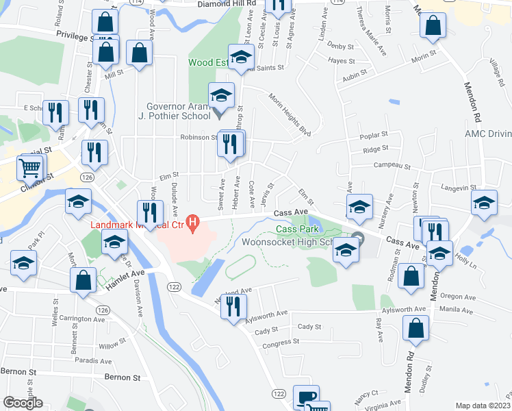 map of restaurants, bars, coffee shops, grocery stores, and more near 25 Cote Avenue in Woonsocket