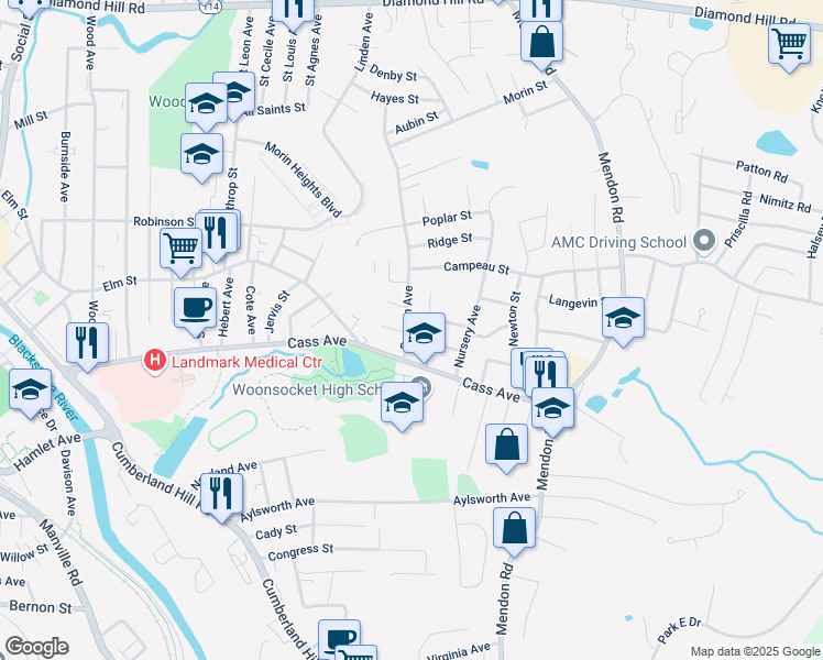 map of restaurants, bars, coffee shops, grocery stores, and more near 43 Beacon Avenue in Woonsocket