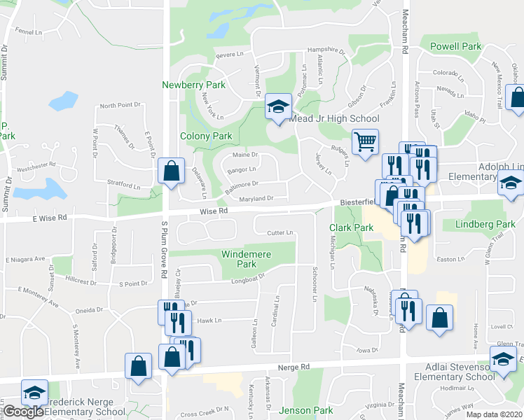 map of restaurants, bars, coffee shops, grocery stores, and more near 630 Cutter Ln in Elk Grove Village