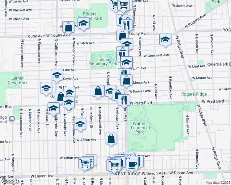 map of restaurants, bars, coffee shops, grocery stores, and more near 2434 W Farwell Ave in Chicago