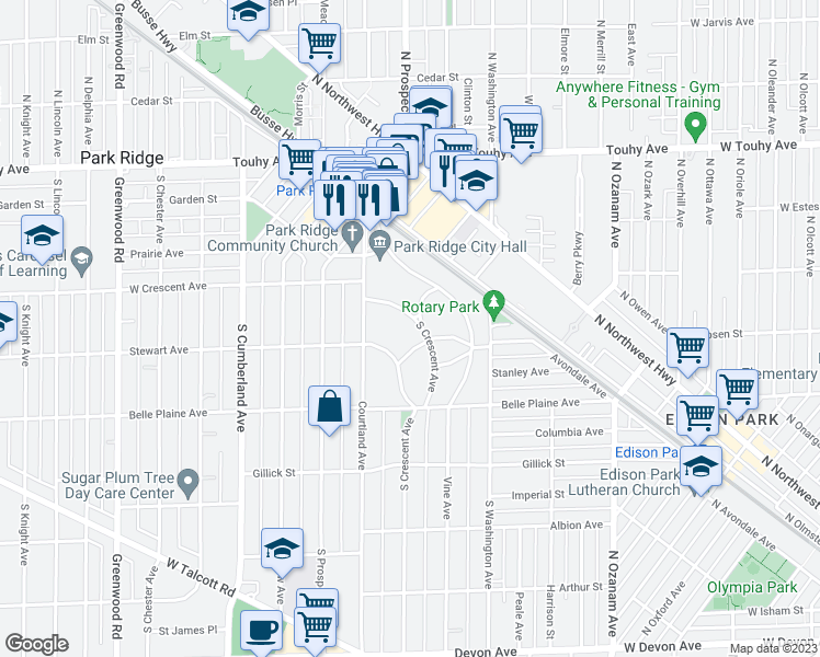 map of restaurants, bars, coffee shops, grocery stores, and more near 406 South Crescent Avenue in Park Ridge