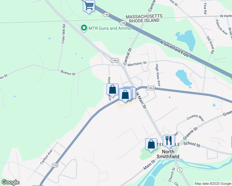 map of restaurants, bars, coffee shops, grocery stores, and more near 4 Pine Lane in North Smithfield