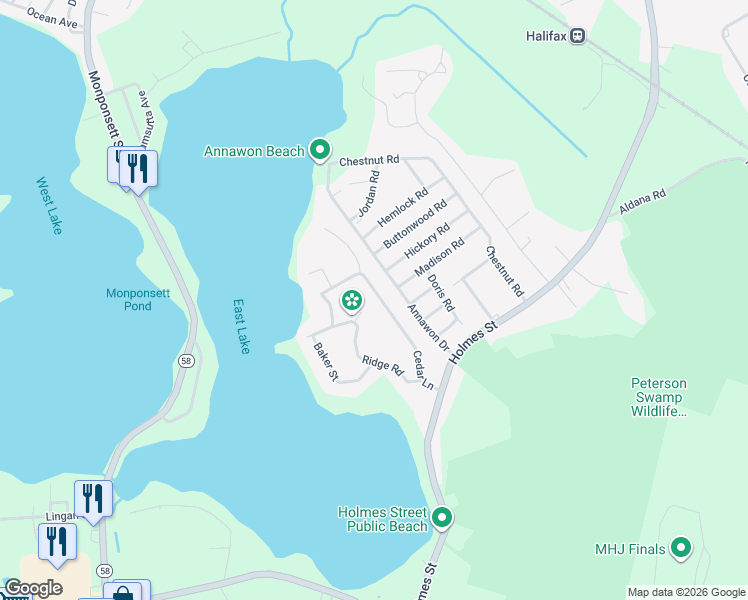 map of restaurants, bars, coffee shops, grocery stores, and more near 72 Cedar Lane in Halifax