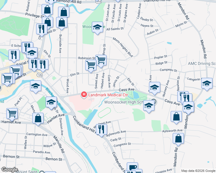 map of restaurants, bars, coffee shops, grocery stores, and more near 25 Cote Avenue in Woonsocket