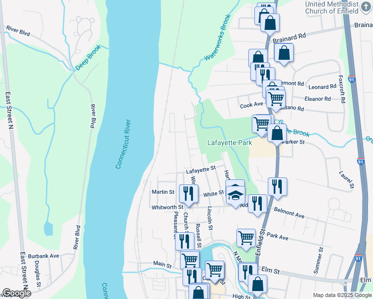 map of restaurants, bars, coffee shops, grocery stores, and more near 103 Windsor Street in Enfield