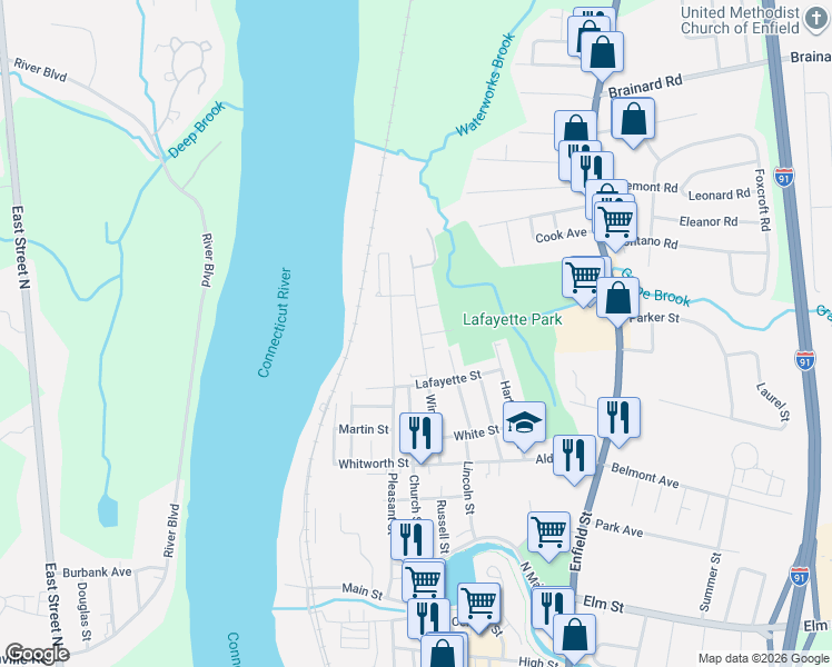 map of restaurants, bars, coffee shops, grocery stores, and more near 102 Windsor Street in Enfield