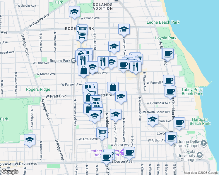 map of restaurants, bars, coffee shops, grocery stores, and more near 6822 North Ashland Avenue in Chicago