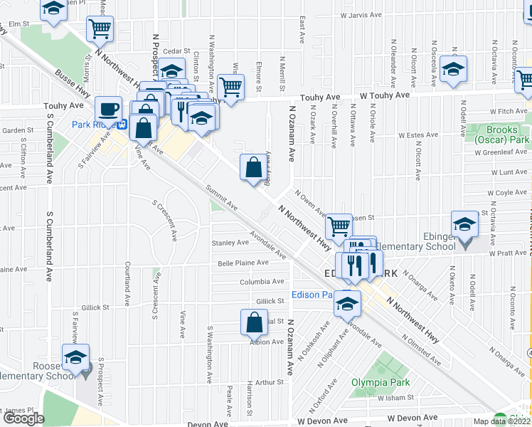 map of restaurants, bars, coffee shops, grocery stores, and more near 400 South Northwest Highway in Park Ridge