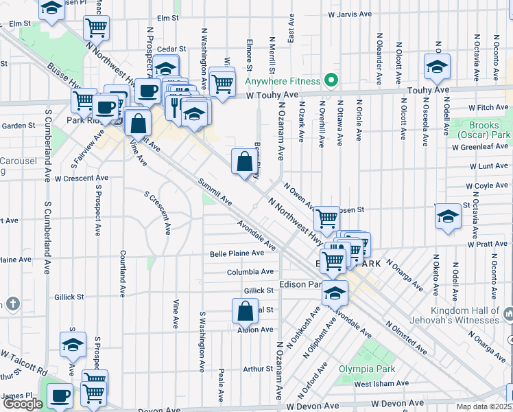 map of restaurants, bars, coffee shops, grocery stores, and more near 400 South Northwest Highway in Park Ridge