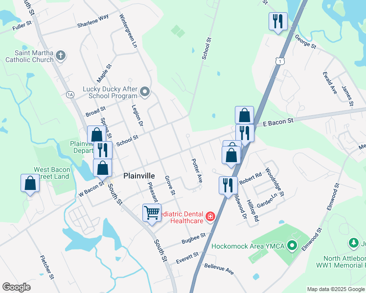 map of restaurants, bars, coffee shops, grocery stores, and more near 74 East Bacon Street in Plainville