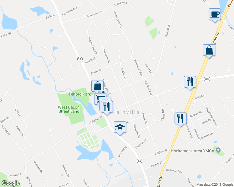 map of restaurants, bars, coffee shops, grocery stores, and more near 25 School Street in Plainville