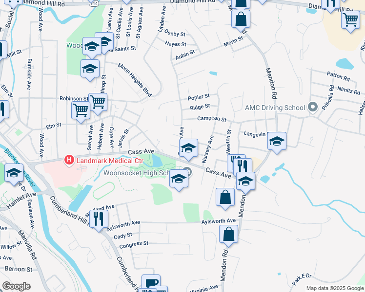 map of restaurants, bars, coffee shops, grocery stores, and more near 43 Beacon Avenue in Woonsocket