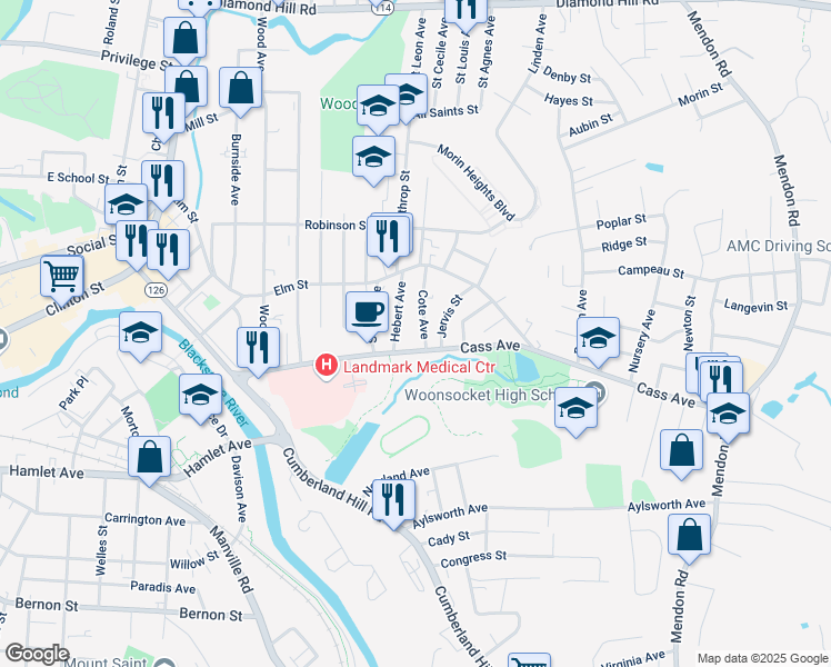 map of restaurants, bars, coffee shops, grocery stores, and more near 25 Cote Avenue in Woonsocket