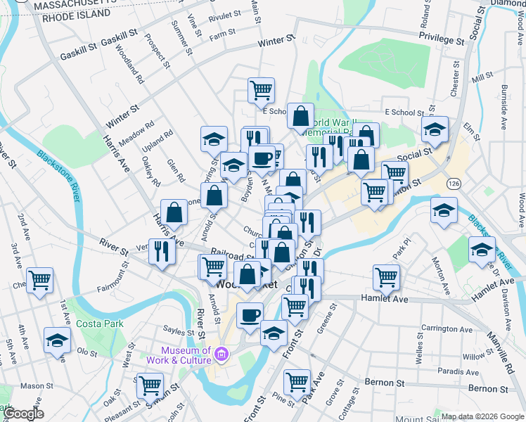map of restaurants, bars, coffee shops, grocery stores, and more near 66 Blackstone Street in Woonsocket
