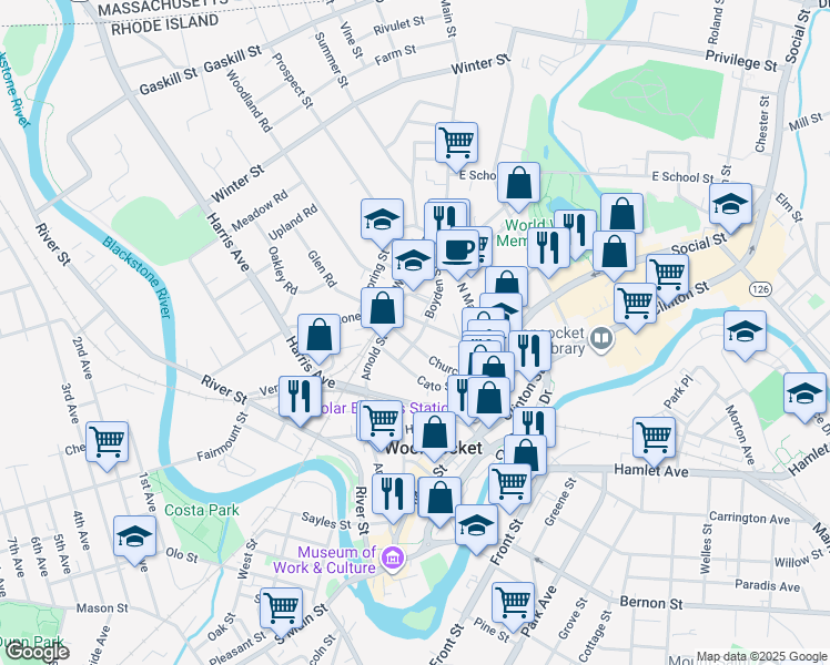 map of restaurants, bars, coffee shops, grocery stores, and more near 185 Church Street in Woonsocket
