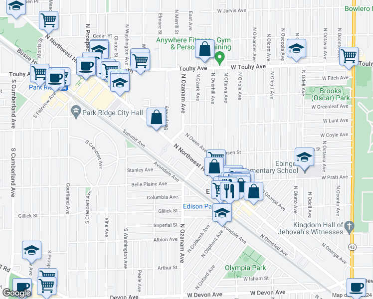 map of restaurants, bars, coffee shops, grocery stores, and more near 6863 North Northwest Highway in Chicago