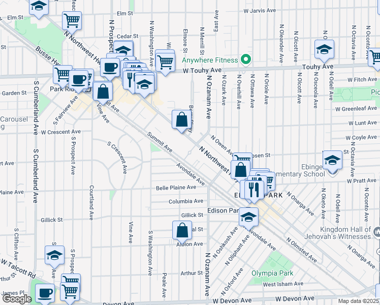 map of restaurants, bars, coffee shops, grocery stores, and more near 400 South Northwest Highway in Park Ridge