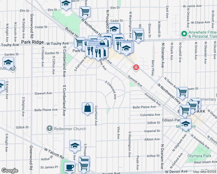 map of restaurants, bars, coffee shops, grocery stores, and more near 406 South Crescent Avenue in Park Ridge