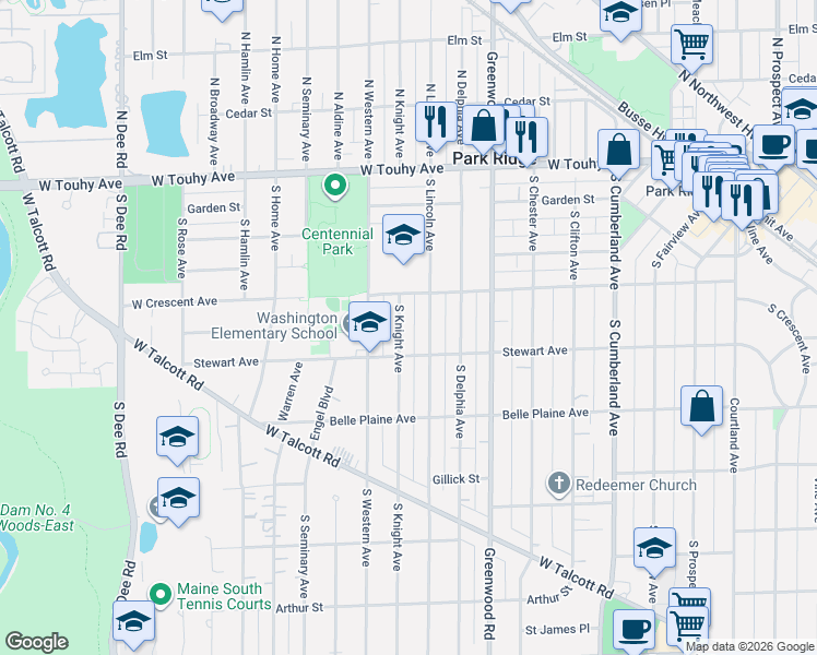 map of restaurants, bars, coffee shops, grocery stores, and more near 328 South Knight Avenue in Park Ridge