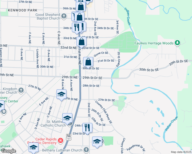 map of restaurants, bars, coffee shops, grocery stores, and more near 225 29th Street Drive Southeast in Cedar Rapids
