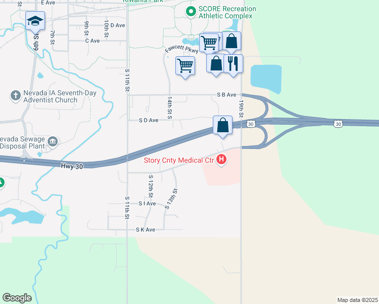 map of restaurants, bars, coffee shops, grocery stores, and more near 1305 South G Avenue in Nevada