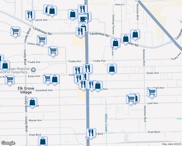 map of restaurants, bars, coffee shops, grocery stores, and more near 1700 Estes Avenue in Elk Grove Village