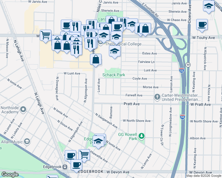 map of restaurants, bars, coffee shops, grocery stores, and more near 6846 Latrobe Avenue in Skokie
