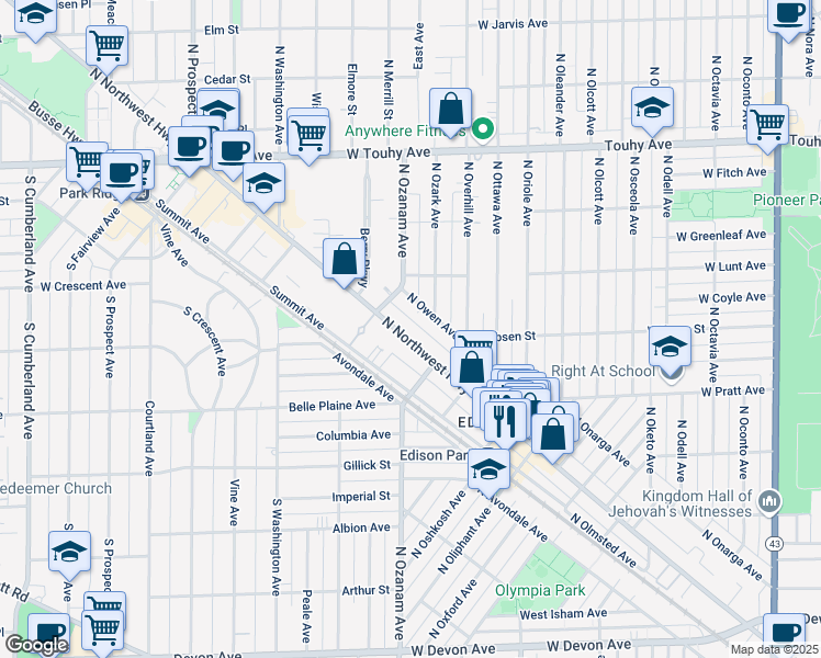 map of restaurants, bars, coffee shops, grocery stores, and more near 6863 North Northwest Highway in Chicago