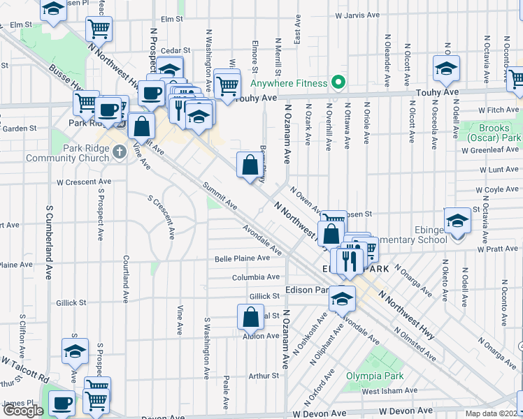 map of restaurants, bars, coffee shops, grocery stores, and more near 400 South Northwest Highway in Park Ridge