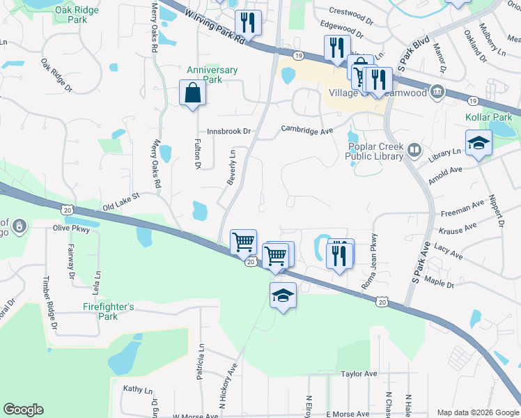 map of restaurants, bars, coffee shops, grocery stores, and more near 1105 Colony Court in Streamwood