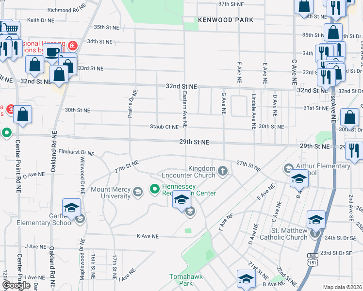 map of restaurants, bars, coffee shops, grocery stores, and more near 1038 27th Street Northeast in Cedar Rapids