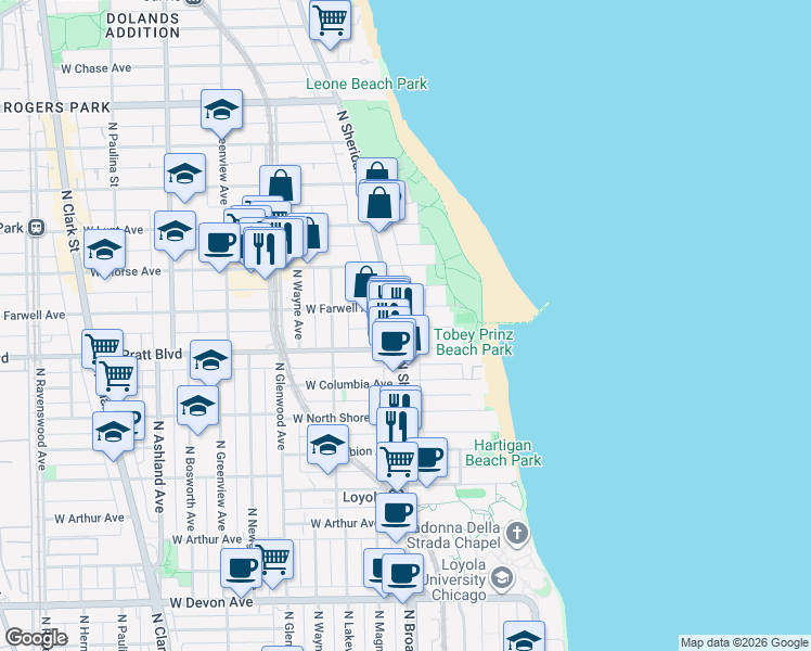 map of restaurants, bars, coffee shops, grocery stores, and more near 6821 North Sheridan Road in Chicago