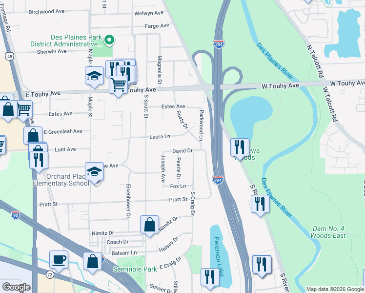 map of restaurants, bars, coffee shops, grocery stores, and more near 2116 David Drive in Des Plaines