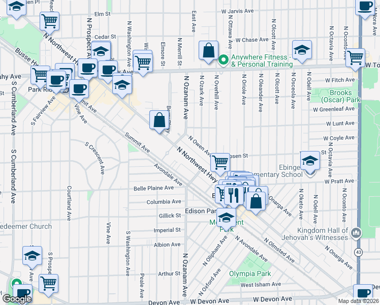 map of restaurants, bars, coffee shops, grocery stores, and more near 6863 North Northwest Highway in Chicago