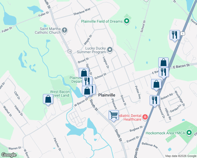 map of restaurants, bars, coffee shops, grocery stores, and more near 25 School Street in Plainville