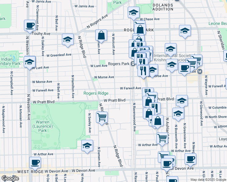 map of restaurants, bars, coffee shops, grocery stores, and more near 6816 North Wolcott Avenue in Chicago