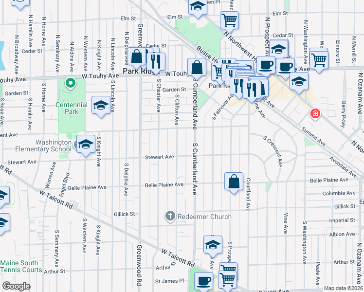 map of restaurants, bars, coffee shops, grocery stores, and more near 405 South Clifton Avenue in Park Ridge