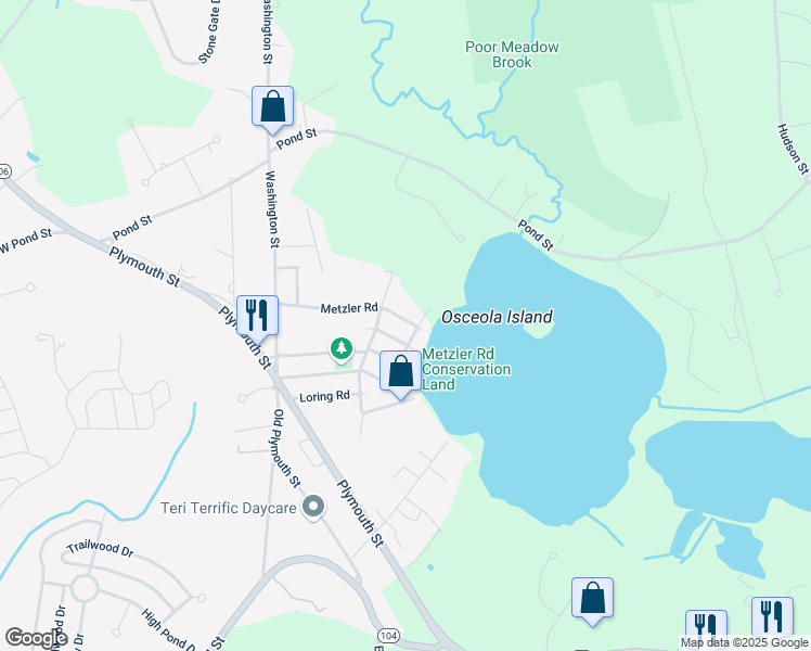 map of restaurants, bars, coffee shops, grocery stores, and more near 147 Metzler Road in East Bridgewater