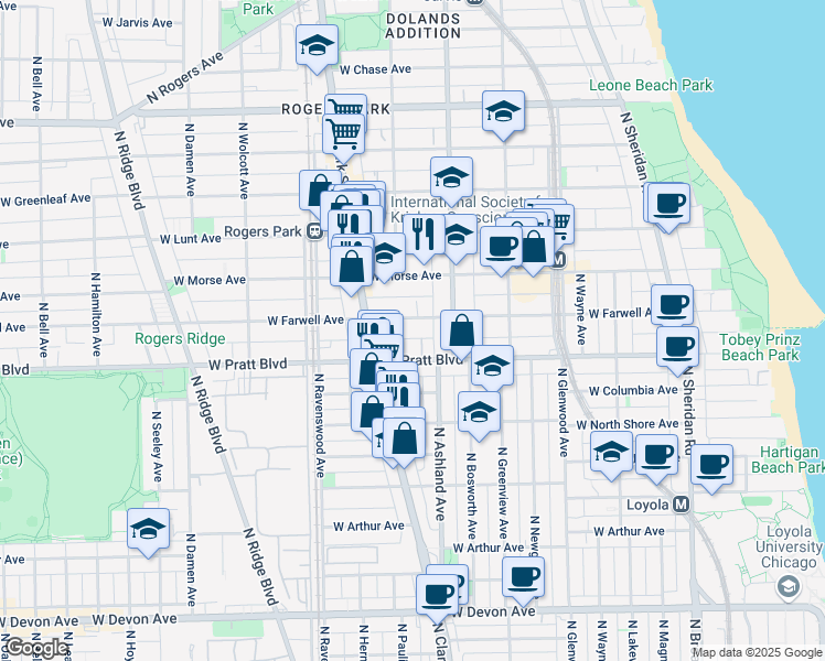 map of restaurants, bars, coffee shops, grocery stores, and more near 1643 West Farwell Avenue in Chicago