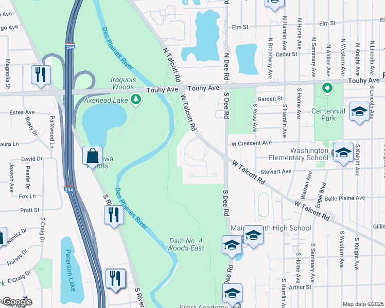 map of restaurants, bars, coffee shops, grocery stores, and more near 2500 Archbury Lane in Park Ridge