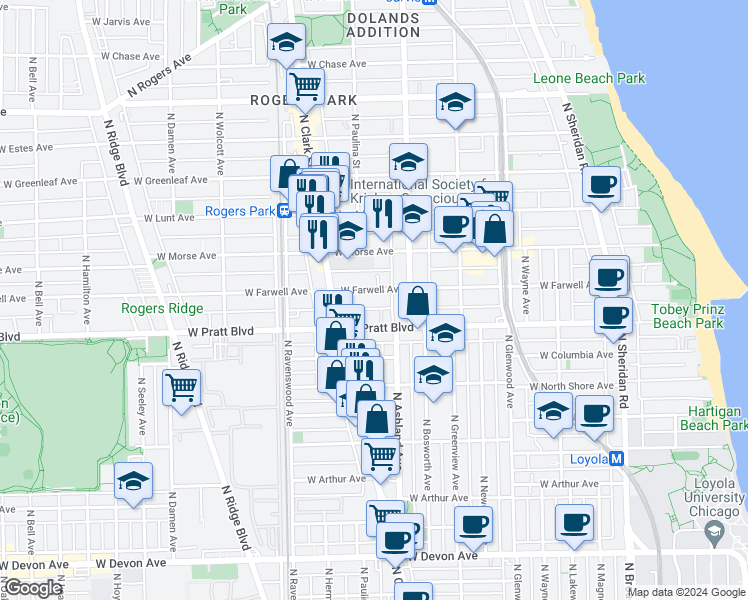 map of restaurants, bars, coffee shops, grocery stores, and more near 1648 West Pratt Boulevard in Chicago